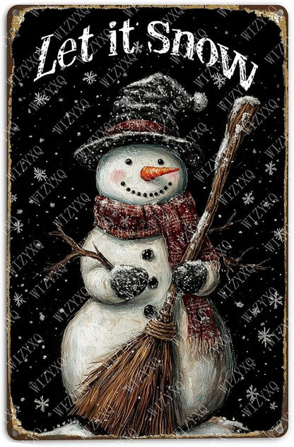 Tin Signs Let It Snow Snowman Metal Sign Snowflakes Winter Aluminum Sign for Farmhouse Outdoor Yard Home Kitchen Office 12×8 Inch