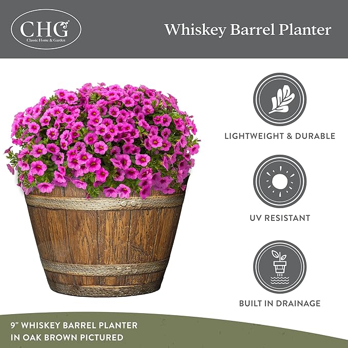 Whiskey Barrel Planters, Wooden Finish Flower Planter Pot, Decorative Garden Pots, Indoor Outdoor Resin Planters, Weather-Resistant Plant Pot (15” Oak Brown, 1-Pack) | Stylish Resin Flower Plant Pots, Indoor & Outdoor Planter, Weather-Resistant, Great ...