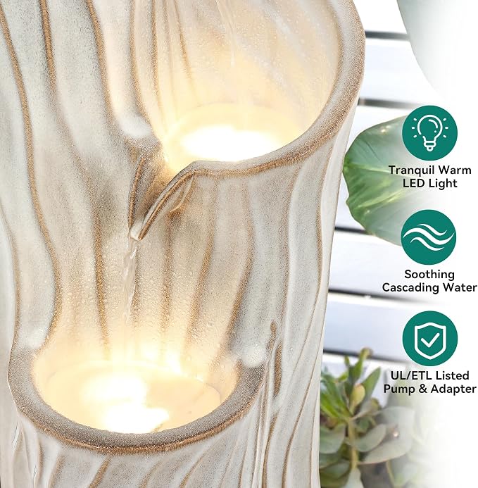 32" H Ceramic Outdoor Water Fountain with LED Lights, 3-Tier Cascading Sphere Water Feature, Tranquil Waterfall for Relaxing Garden, Patio, Yard, or Porch, Beige Glaze, Dynamic Wave-Texture