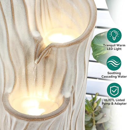 32" H Ceramic Outdoor Water Fountain with LED Lights, 3-Tier Cascading Sphere Water Feature, Tranquil Waterfall for Relaxing Garden, Patio, Yard, or Porch, Beige Glaze, Dynamic Wave-Texture