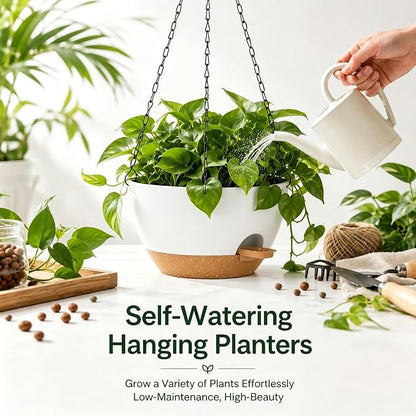 12 Inch Self Watering Hanging Planters 2 Pack, White Brown | Plastic planters with drainage holes and saucers. Suitable for indoor, outdoor, kitchen, balcony and garden plant decor.