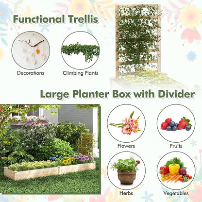 HAPPYGRILL Raised Garden Bed with Trellis, Wooden Garden Box with Divided Space for Vegetables, Flowers, Fruits, Climbing Plants, Outdoor Elevated Planter Box for Yard Patio, 93”L x 25”W x 40”H