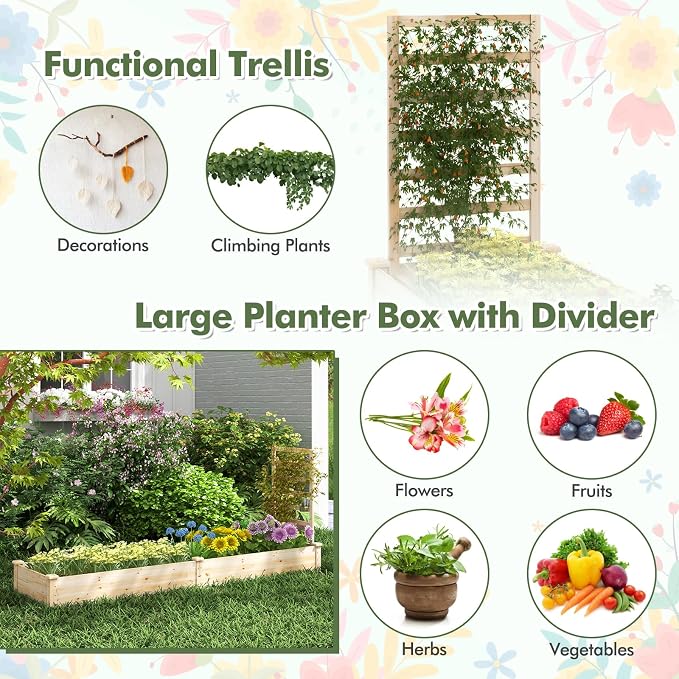 COSTWAY Raised Garden Bed with Trellis, Outdoor Wooden Planter Kit for Flowers, Herbs, Vegetables, Fruits & Climbing Vines, Elevated Garden Planter for Patio, 93" L x 25" W x 40" H