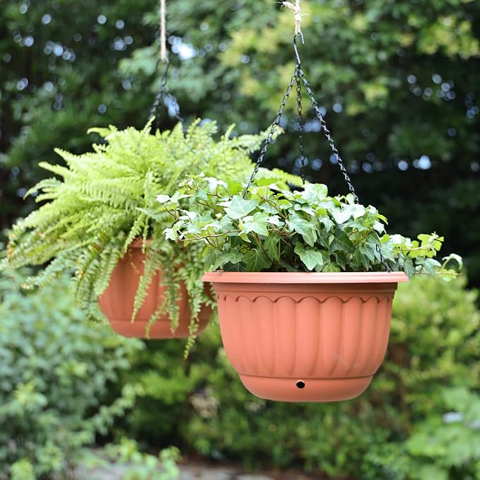 YIKUSH 12 Inch Hanging Planters for Outdoor Plants, 2 Pack Plastic Hanging Flower Pots with Drainage Hole & Tray, Hanging Basket Style Pots for Porch Patio Balcony Decor (Terracotta Color)
