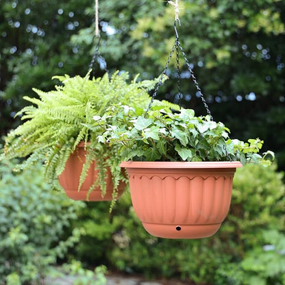 YIKUSH 12 Inch Hanging Planters for Outdoor Plants, 2 Pack Plastic Hanging Flower Pots with Drainage Hole & Tray, Hanging Basket Style Pots for Porch Patio Balcony Decor (Terracotta Color)