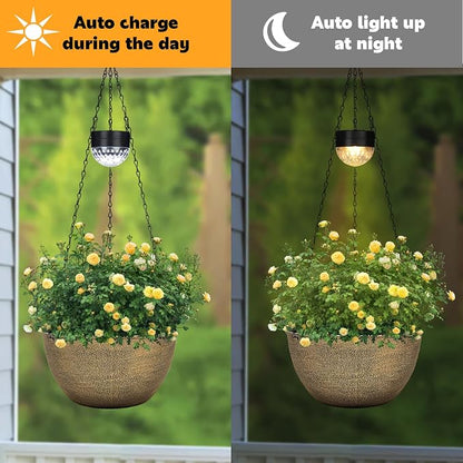 SUNNYPARK 2 Pack Solar Hanging Planters for Plants Outdoor | Self Watering, Copper Flower Pots with Solar Light, Hanging Garden Planters with Drainer for Balcony Patio Outdoor Decor