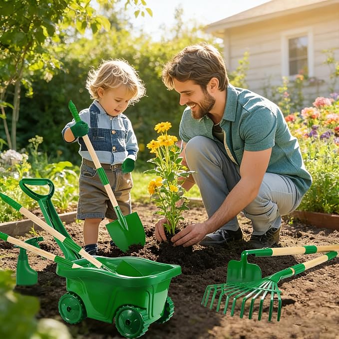 Kids Gardening Tools and Bug Catcher Kit with Wheelbarrow Sets, Ages 2 3+ | Shovel, Rake, Bug Catcher Kit, Summer Outdoor Yard Digging Weed Tools, Easter Birthday Gift for Boys Girls, Green