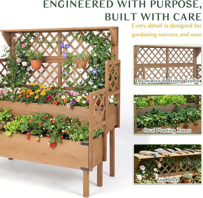 Raised Garden Bed with Trellis, 47''H Outdoor Flower Plant Stand with Two Planting Areas, Top Shelf, Liner, Elevated Garden Beds for Climbing Plants, Herb, Gift for Gardening, Brown