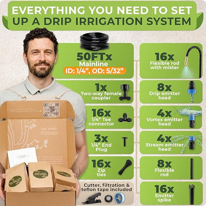 CARPATHEN Drip Irrigation System Kit - Complete Garden Irrigation Kit with 16pcs 360° Adjustable Atomizing Copper Nozzles - Watering Spray System for Raised Beds, Potted Plants, Greenhouse