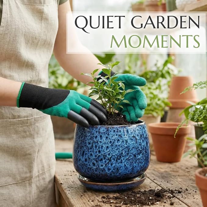 7.5 Inch Flower pots for Indoor Outdoor Plants with Saucer Drainage Leak-Proof Mesh, Ceramic Planter with Gardening Gloves for Succulent and Flower(Peacock Blue)