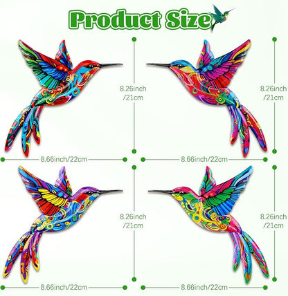 ULENDIS 4 Pack Metal Hummingbird Wall Art Decor, 3D Colorful Outdoor Wall Art Fence Decorations for Patio and Yard, Wall Sculpture Hanging Decor for Garden Living Room Balcony (C)