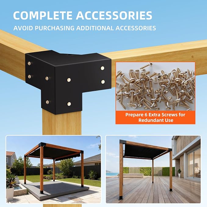 Pergola Brackets Kit 4x4 (Inner Size 3.7x3.7), 4 Pack 3-Way Heavy Duty 90° Right Angle Corner Brackets for DIY Woodworks, Easy Install Pergola Kit for Patio, Gazebos, and Outdoor Structures