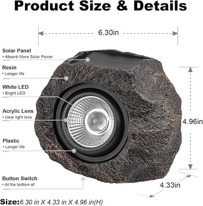 Solar Rock Lights Outdoor, IP65 Waterproof LED Solar Spotlights, Realistic Stone Garden Lights with Adjustable Angle & Auto On/Off, Solar Landscape Pathway Lights for Yard, Walkway, Patio (2 Pack)