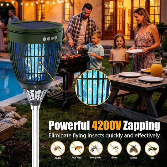 Rossetta Solar Bug Zapper Outdoor, Mosquito Zapper with Flame Lamp & Projector Light, 4200V Electric Fly Zapper Waterproof Rechargeable Mosquito Killer, Cordless Fly Trap for Patio, Backyard, Garden