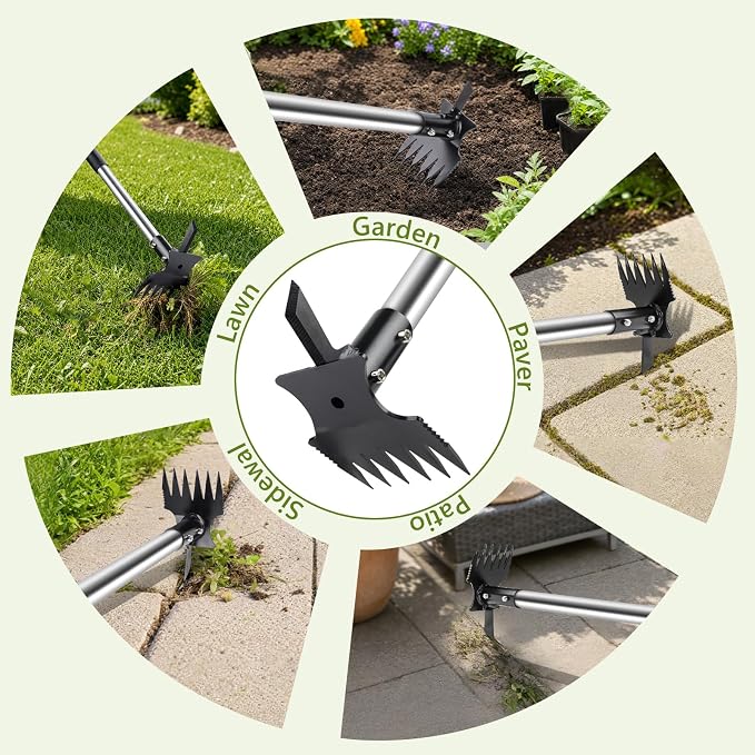 2 in 1 Crack Weeder and Weed Puller Tool with Long Handle - 57" Hand Weed Rake & Crevice Weeding Tool, Manual Weeding Remover Uprooting Garden Tools for Lawn, Yard, Patio and Paver, Sidewalk Cracks