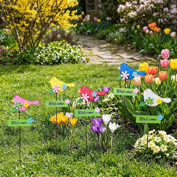 5Pack Metal Bird Decorative Garden Stakes,15.9 Inch Metal Garden Decor for Outside for Spring Decor, Shaking Head Yard Art Garden Decorations for Outdoor Lawn Pathway Patio