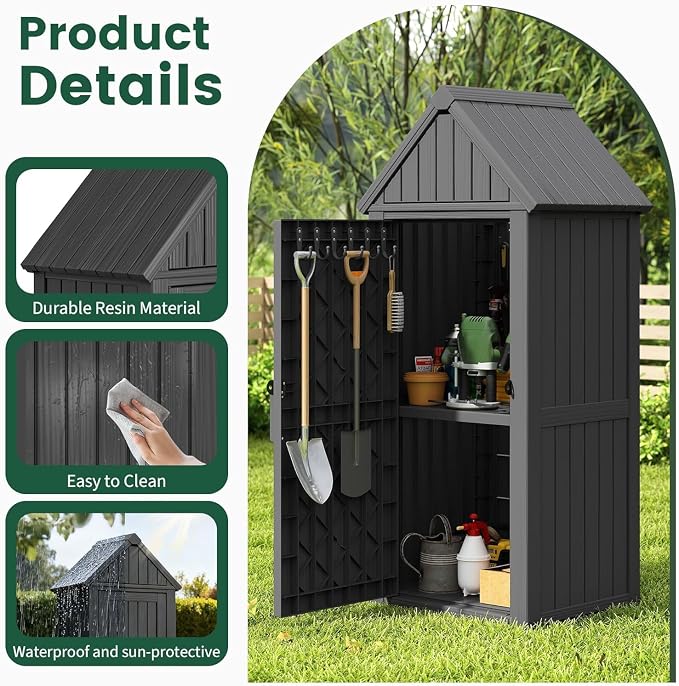 Bifanuo Deck Box Storage Shed Outdoor Storage Cabinet, Vertical Waterproof Resin Material Plastic Shed with Removable Shelves, 12 Hooks and Lock Ring for Garden, Pool and Patio (Black)