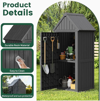Bifanuo Deck Box Storage Shed Outdoor Storage Cabinet, Vertical Waterproof Resin Material Plastic Shed with Removable Shelves, 12 Hooks and Lock Ring for Garden, Pool and Patio (Black)