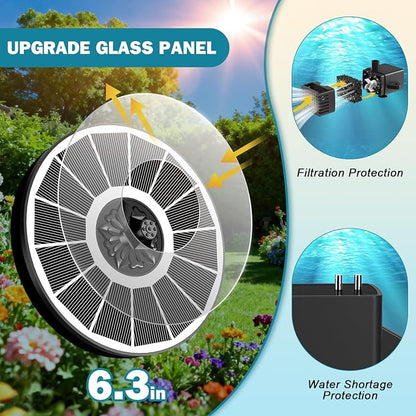 SZMP Solar Bird Bath Fountains Spraying Water in The Shadow, Solar Water Fountain Pump Outdoor Garden 3.5W White Glass Panel with 2000mAh Battery Replaceable Nozzles