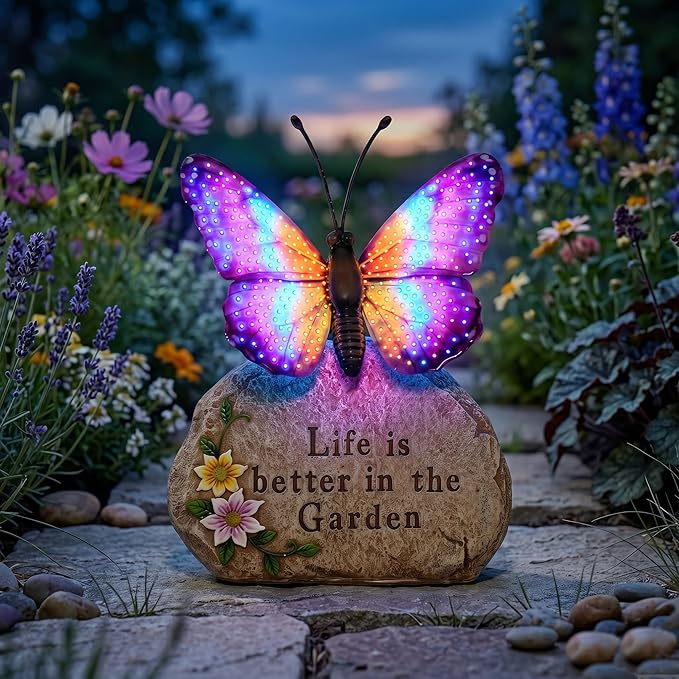 Solar LED Butterfly Garden Statue with Sparkling Light-Up Wings - Outdoor Yard Patio Decor Figurine, for Women Mom Grandma(Purple)