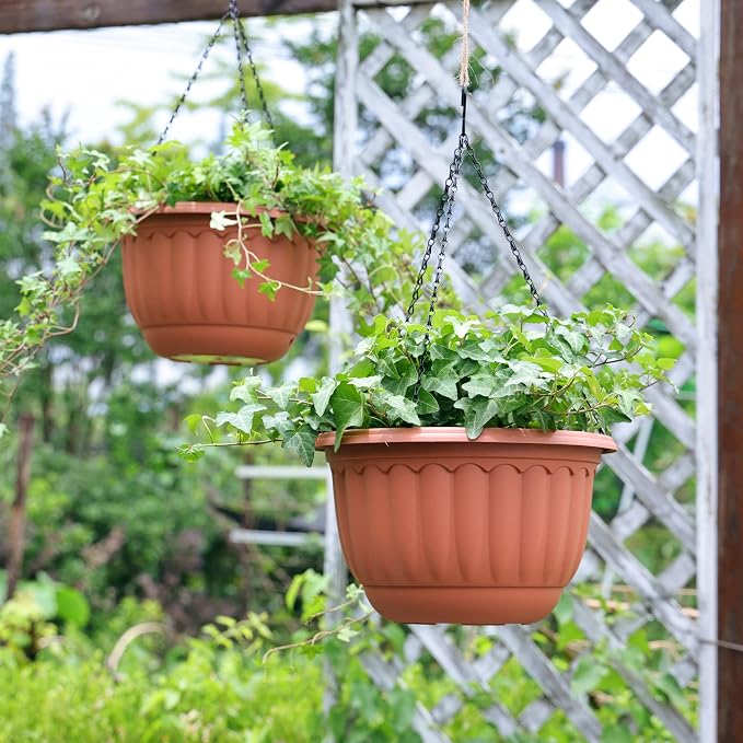 YIKUSH 12 Inch Hanging Planters for Outdoor Plants, 2 Pack Plastic Hanging Flower Pots with Drainage Hole & Tray, Hanging Basket Style Pots for Porch Patio Balcony Decor (Terracotta Color)