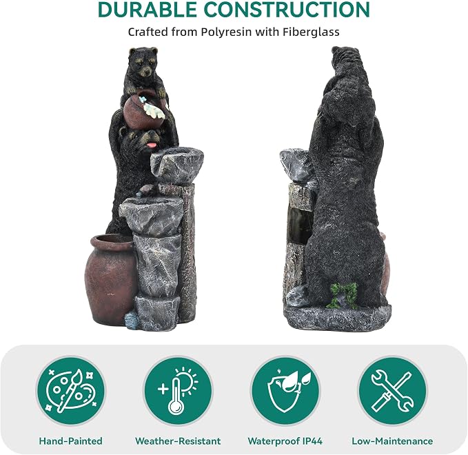 38" H Playful Twin Bear Statue Outdoor Fountain with LED Lights | Whimsical Multi-Tiered Stone Vessel Water Feature with Soothing Cascading Waterfall for Patio, Backyard, Garden or Porch