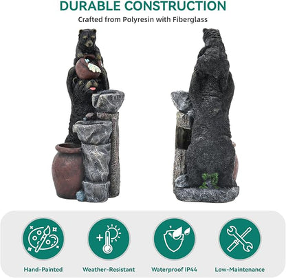 38" H Playful Twin Bear Statue Outdoor Fountain with LED Lights | Whimsical Multi-Tiered Stone Vessel Water Feature with Soothing Cascading Waterfall for Patio, Backyard, Garden or Porch