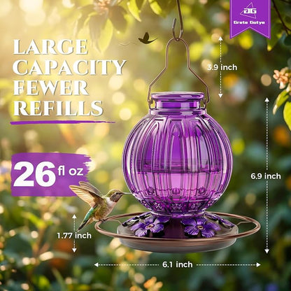 2 Pack Glass Hummingbird Feeder for Outdoors Hanging, Bird Nectar Feeder with Perch & 5 Flower Feeding Ports, 26 Oz Leak Proof for Outside Garden Decor Backyard, Gifts for Women Mom, Purple