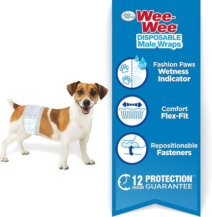 Four Paws Wee-Wee Super Absorbent Disposable Adjustable Dog Potty Training Male Wraps Diapers, Leak-Proof Protection for Puppies and Small Dogs, Extra Small, 12 Count