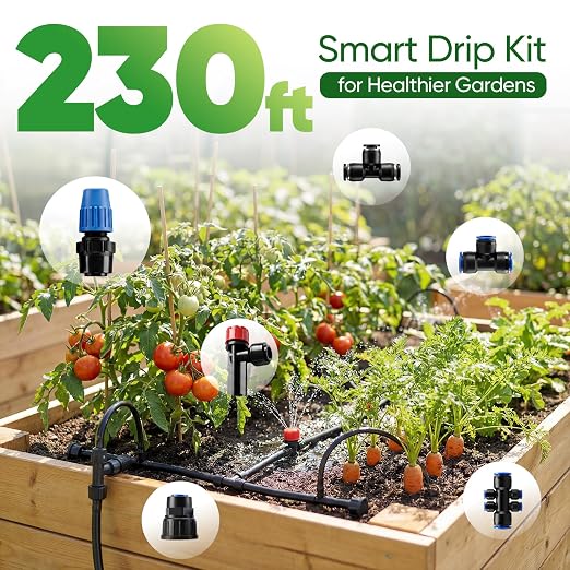 Drip Irrigation System Kit, 230FT Garden Watering System with 33FT 1/2" Main Line and 197FT 1/4" Drip Line, Adjustable Emitters and Quick-Connect Fittings for Raised Beds, Lawn, Greenhouse