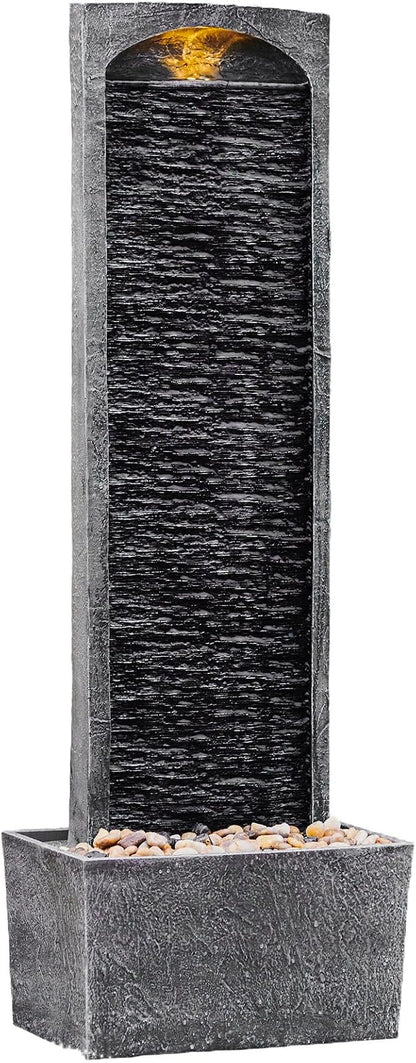 Teamson Home 38.5" Faux Slate Contemporary Outdoor LED Waterfall Fountain with Pebble Base, Gray/Black | Contemporary, Pebble Base