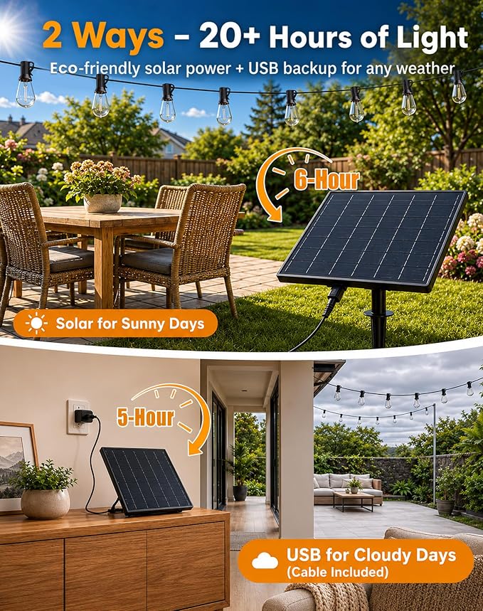 Solar String Lights Outdoor Waterproof, 60FT(54+6) 26 LED S14 Shatterproof Edison Bulbs, 2FT Spacing, 3 Modes, Dimmable, Timer, USB Solar Powered Hanging Patio Lights for Outside, Backyard