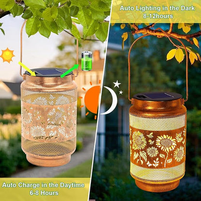 2 Pack Sunflower Solar Lanterns Outdoor Waterproof Solar Garden Decor, Birthday Gifts for Women Mom Grandma, Metal Hanging Lights with Shepherd Hook for Outside Yard Patio Pathway Backyard