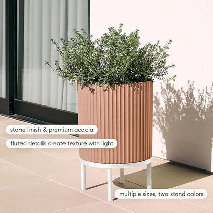 Veradek Demi Series Round Planter w/Stand for Porch/Patio | Durable Plastic-Stone Composite & Wooden Stand | Modern Décor for Tall Plants, Flowers