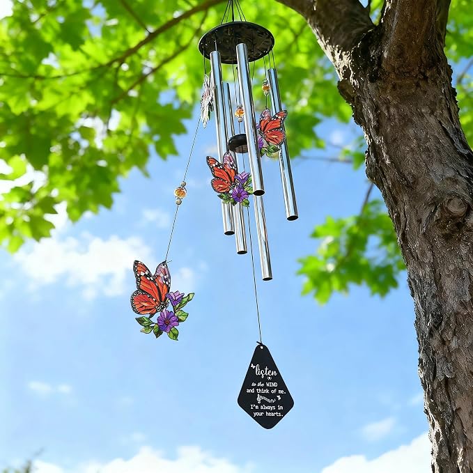 YU FENG Butterfly Memorial Wind Chime, Crystal Suncatcher Outdoor Decor | 34 Inch Metal Wind Chime, Butterfly Design, Sympathy Bereavement Gift, Garden Yard Patio Hanging Decoration