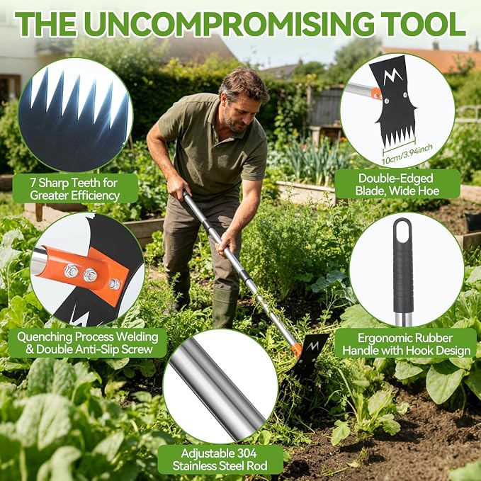 Weed Puller Tool, 60" Stand Up 2-in-1 Weed Rake & Garden Hoe | 7-Tine Heavy Duty, 60" Adjustable Handle, Cast Steel Head, Rust-Resistant, for Dandelion Crabgrass, Yard Lawn Garden