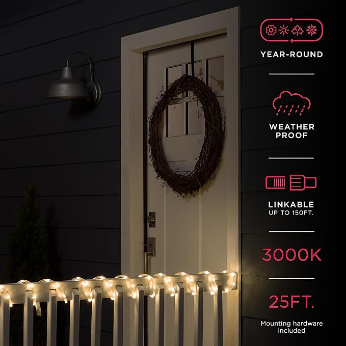 UltraPro LED Rope Lights, 25ft Classic Clear Rope, Warm White Light 3000K, Indoor/Outdoor, Flexible, Linkable, Durable, Rope Lights Outdoor, 54504