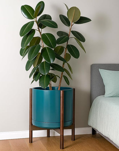 D'vine Dev Ceramic Planter with Walnut Color Stand - 14 Inch Modern Round Flower Pot with Wood Planter Holder, Teal, 55-B-T-4