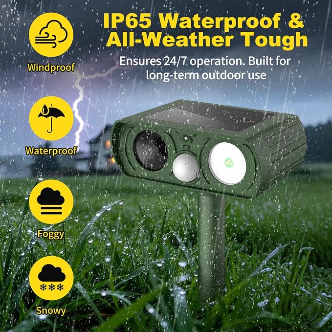 Solar Ultrasonic Animal Repellent Outdoor, Deer Repellent Devices Waterproof, Cat Squirrel Rabbit Dog Raccoon Deterrent Animal Repeller with Motion Detection, Keep Skunk Away for Yard, Green, 1 Pack