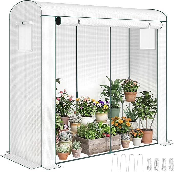 Outsunny Mini Greenhouse, Portable Greenhouse with Roll-Up Door and 2 Mesh Windows, Small Green House with PE Cover for Garden Patio Lawn, 78.7" x 29.5" x 74", White