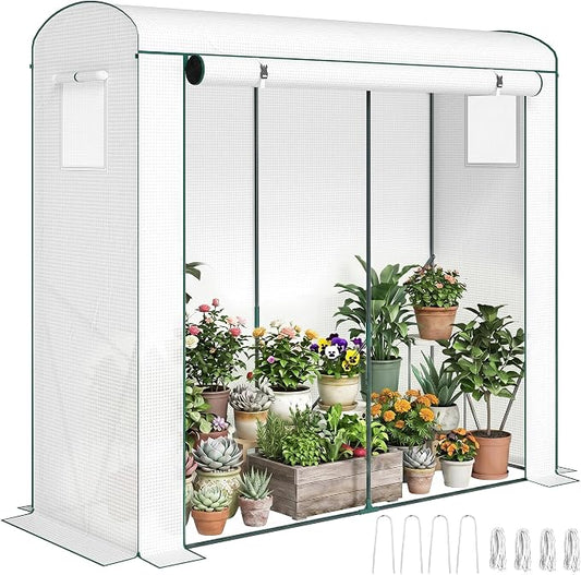 Outsunny Mini Greenhouse, Portable Greenhouse with Roll-Up Door and 2 Mesh Windows, Small Green House with PE Cover for Garden Patio Lawn, 78.7" x 29.5" x 74", White