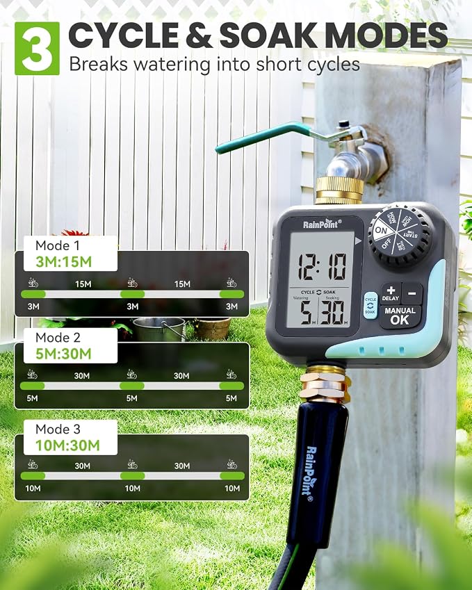 RAINPOINT Sprinkler Timer for Garden Hose - Hose Timer with Cycle & Soak/Rain Delay/Automatic Watering/Manual Watering, Programmable Irrigation System with Large Display, Brass Inlet & Outlet