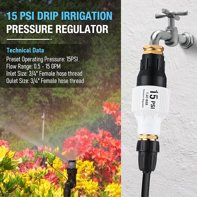 Aurelema 2 Pack Drip Irrigation Pressure Regulator Kit, Water Backflow Preventer for 3/4'' Garden/Faucet Hose Thread and 1/2'' Drip Irrigation Tubing Adapter, Complete Drip Irrigation System (15 Psi)