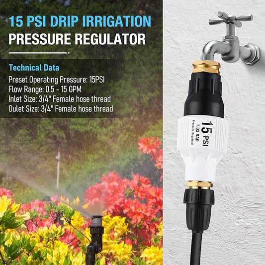 Aurelema 2 Pack Drip Irrigation Pressure Regulator Kit, Water Backflow Preventer for 3/4'' Garden/Faucet Hose Thread and 1/2'' Drip Irrigation Tubing Adapter, Complete Drip Irrigation System (15 Psi)