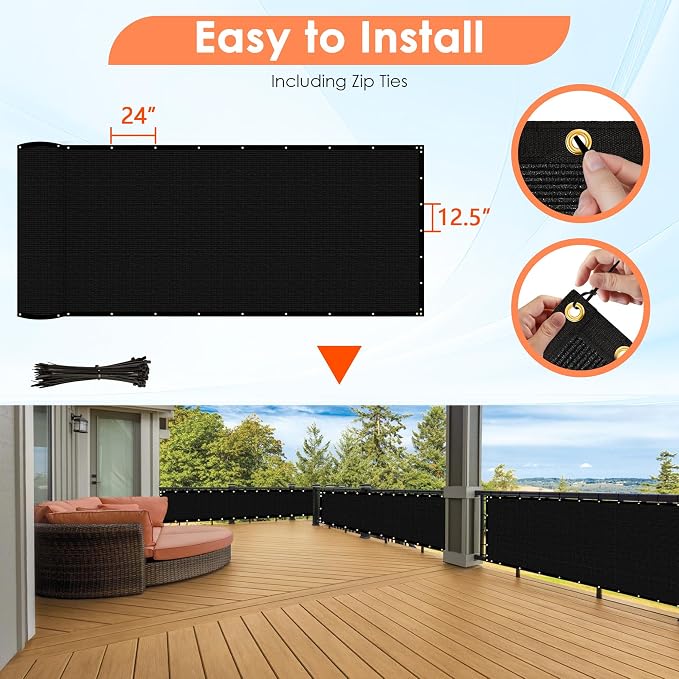iCover 5x12ft Privacy Screen Fence, Outdoor Fencing Panels, Garden Windscreen Mesh Shade Sail Net Barrier, Fence Privacy Screen Reinforced Bindings and Brass Grommets Cable Zip Ties, Black