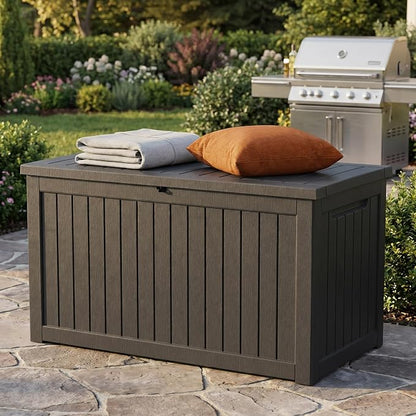 230 Gallon Deck Box, Waterproof Resin Outdoor Storage Box Lockable for Patio Furniture, Fade Resistant Patio Side Table & Organizer for Garden Tools, Pool Floats, Outdoor Cushions, Black