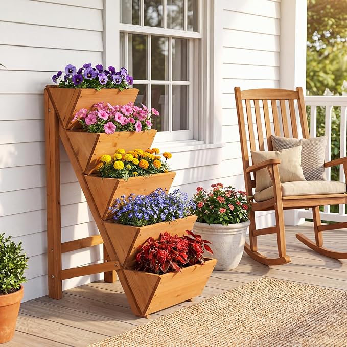 HAPPYGRILL Vertical Raised Garden Bed, Freestanding Wood Elevated Planter Box w/Legs for Growing Vegetables Flowers Herbs, Indoor Outdoor Tiered Plant Stand for Patio Yard Balcony Corner (2,5-Tier)