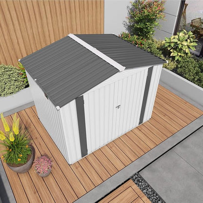 8X6 FT Storage Shed, Metal Outdoor Garden Tool Shed with Pitched Roof Waterproof with Window and 2 Lockable Door,Vents,for Garden Tool Storage, Sundries and Bike Storage,White+Gray