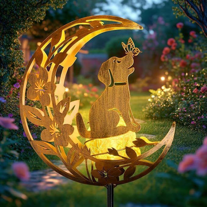 JOBOSI Solar Moon Dog Decorative Light Gifts, Solar Moon Dog Moving Decorative Ground Stake Light, Mother's Day Gift， Gift for Women Mom Grandma, Garden Lawn Decor Christmas & New Year Gift