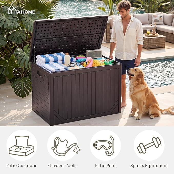YITAHOME 230 Gallon Extra Large Outdoor Storage Box | Waterproof Double-WallDeck Box with Hydraulic Piston for Garden Tools, Pool Accessories & Cushions, Resin Deck Organizer